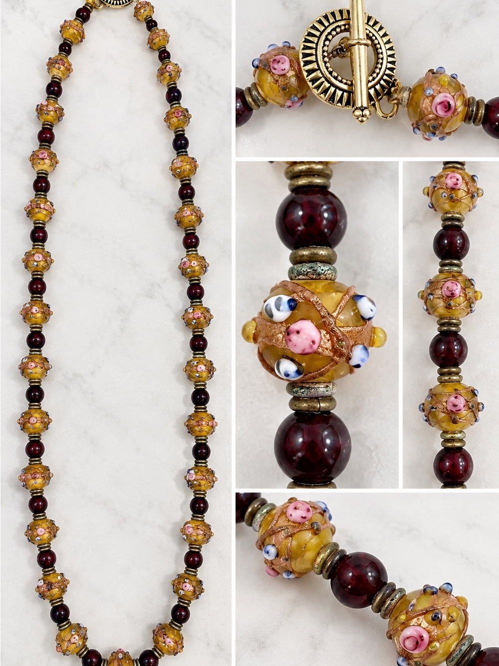 Vintage Venetian/Murano Lampwork Glass Bead Necklace Wedding Cake Fiorato 22”